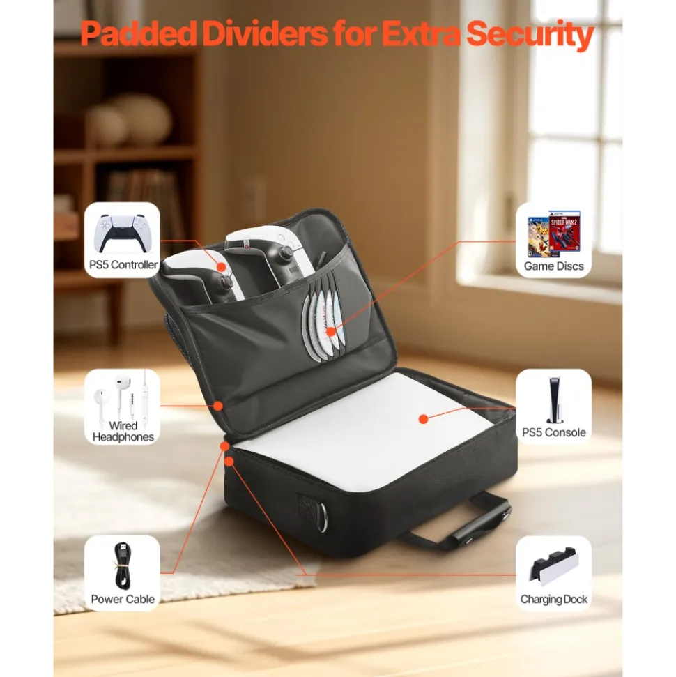 VEVOR PS5 Carrying Case, Travel Bag for Playstation 5 & PS5 Slim Waterproof Nylon, Soft Interior Lining & Padded Dividers for Extra Protection, Spacious Design with Carry Handle for Storage, Home