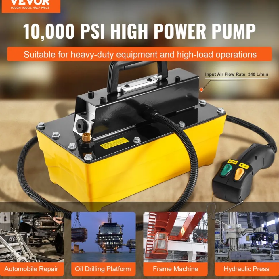 VEVOR 10,000PSI Air Hydraulic Pump, 0.61 Gal Reservoir, NPT 3/8 In Oil Outlet, NPT 1/4 In Inlet, Plastic Air Hydraulic Pump with Remote Control Actuator, for Automobile Frame Machine & Hydraulic Press