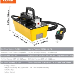 VEVOR 10,000PSI Air Hydraulic Pump, 0.61 Gal Reservoir, NPT 3/8 In Oil Outlet, NPT 1/4 In Inlet, Plastic Air Hydraulic Pump with Remote Control Actuator, for Automobile Frame Machine & Hydraulic Press