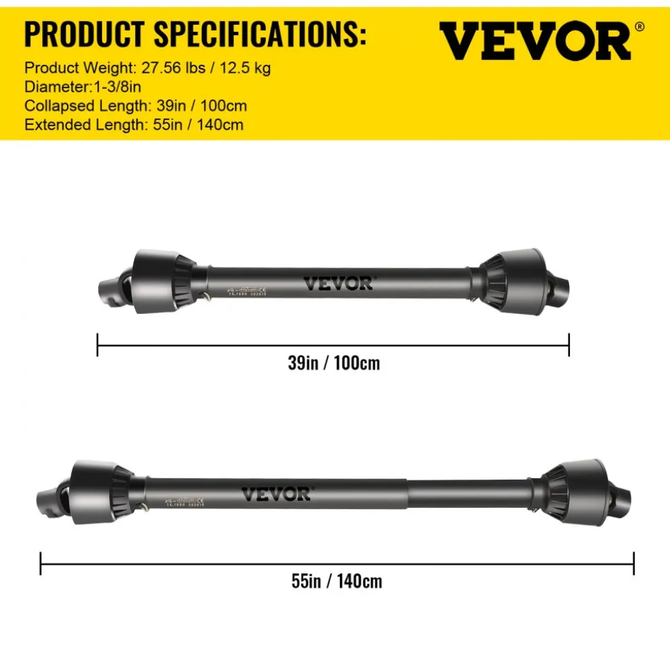 VEVOR PTO Shaft 1 3/8" PTO Drive Shaft, 6 Spline End Round End PTO Driveline Shaft, Series 4 Tractor PTO Shaft, 39"-55" Brush Hog PTO Shaft, Black PTO Shaft for Bush Hog/Finish Mower/Rotary Cutter