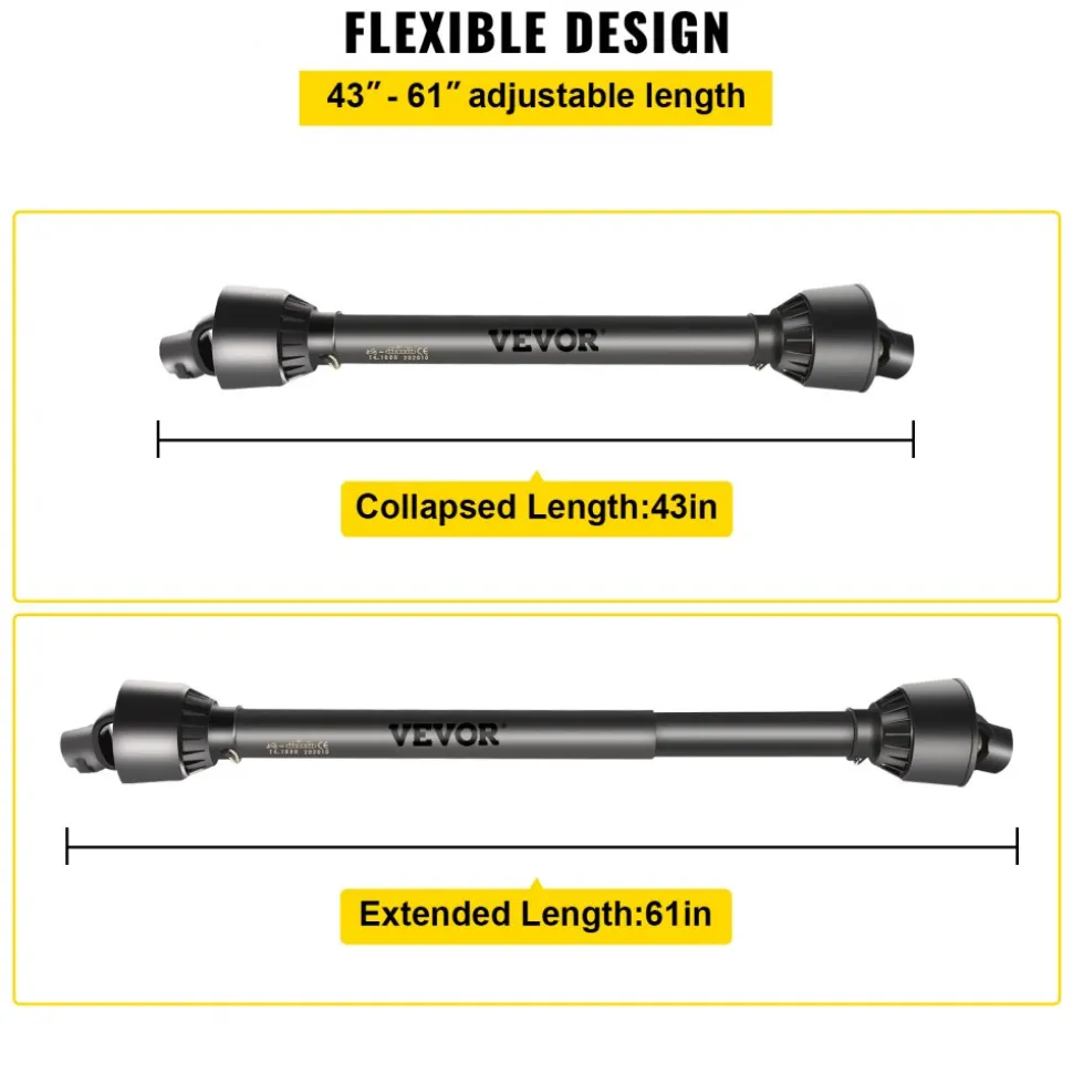 VEVOR PTO Shaft, 1-3/8" PTO Drive Shaft, 6 Spline Tractor, Round Implement Ends PTO Driveline Shaft, Series 4 Tractor PTO Shaft, 43"-61" Brush Hog PTO Shaft Black, for Finish Mower, Rotary Cutter
