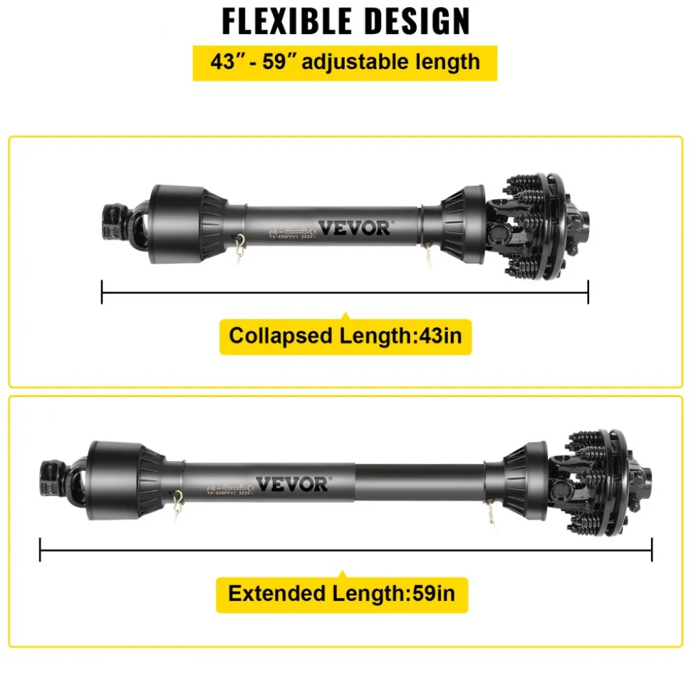 VEVOR PTO Shaft, 1-3/8” 6 Spline Tractor and Implement Ends PTO Driveline Shaft, Series 4 Tractor PTO Shaft, 43”-59” Brush Hog PTO Shaft with Slip Clutch Black, for Finish Mower, Rotary Cutter