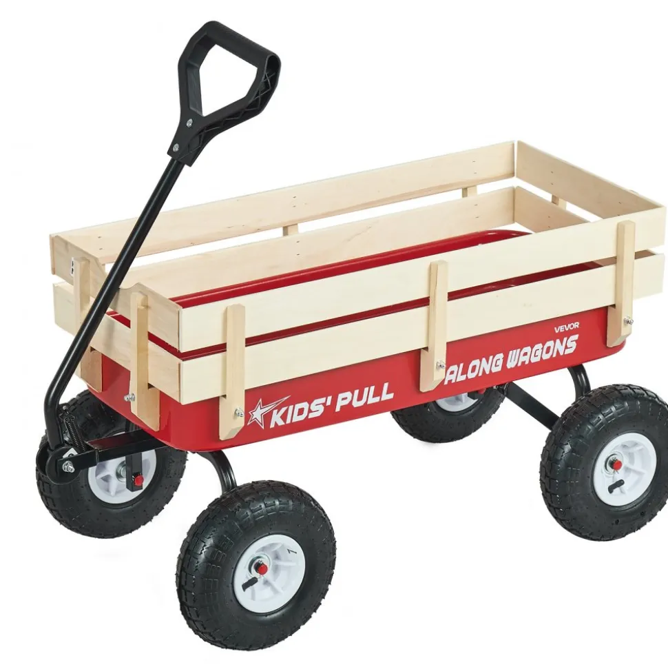 VEVOR Pull-Along Wagon for Kids, 39 inch Toddler Wagons with Wooden Panels & Handle, Supports up to 330 lbs, All-Terrain Utility Wagon Cart Birthday Present for Kids Gardening Beach, Red