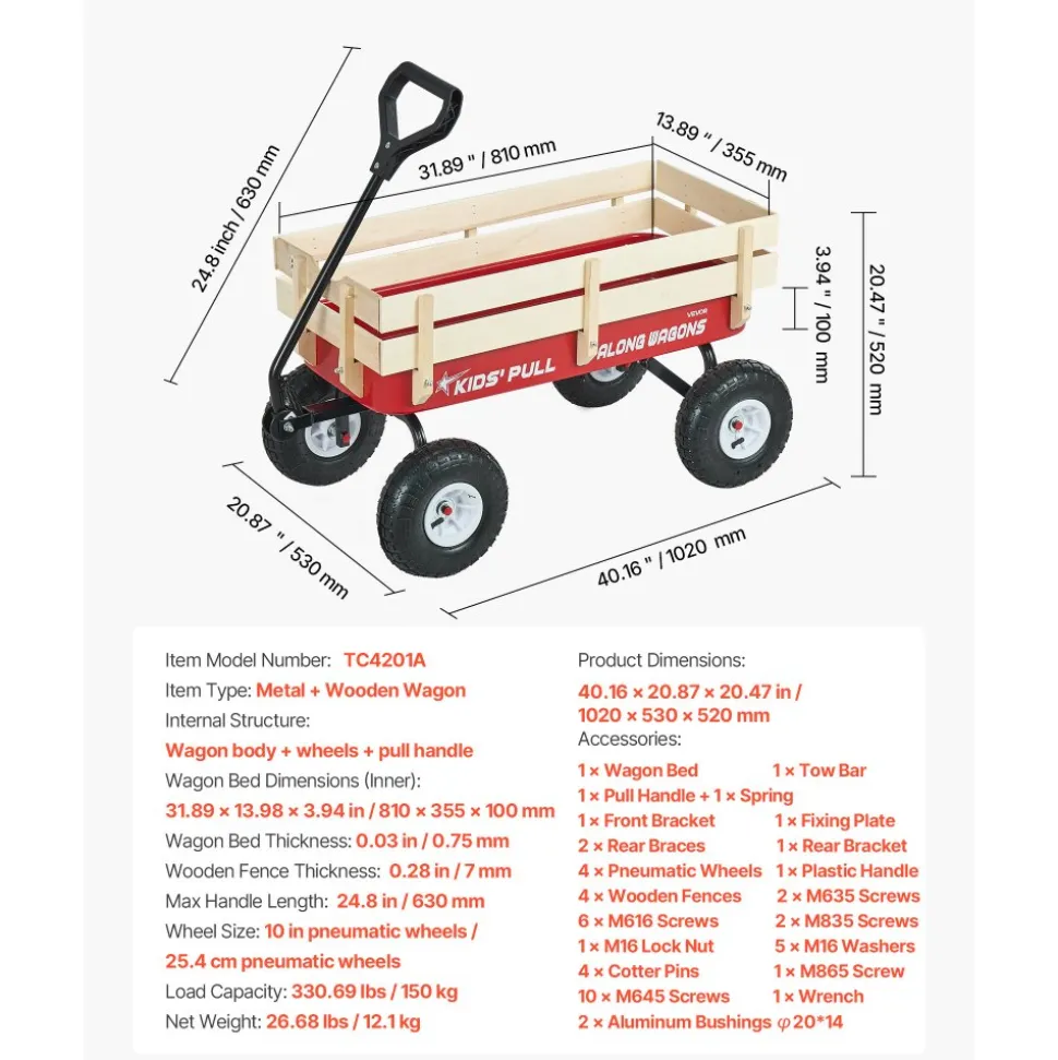 VEVOR Pull-Along Wagon for Kids, 39 inch Toddler Wagons with Wooden Panels & Handle, Supports up to 330 lbs, All-Terrain Utility Wagon Cart Birthday Present for Kids Gardening Beach, Red