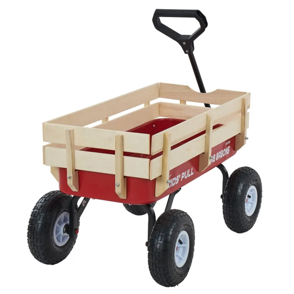 VEVOR Pull-Along Wagon for Kids, 39 inch Toddler Wagons with Wooden Panels & Handle, Supports up to 330 lbs, All-Terrain Utility Wagon Cart Birthday Present for Kids Gardening Beach, Red