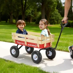 VEVOR Pull-Along Wagon for Kids, 39 inch Toddler Wagons with Wooden Panels & Handle, Supports up to 330 lbs, All-Terrain Utility Wagon Cart Birthday Present for Kids Gardening Beach, Red