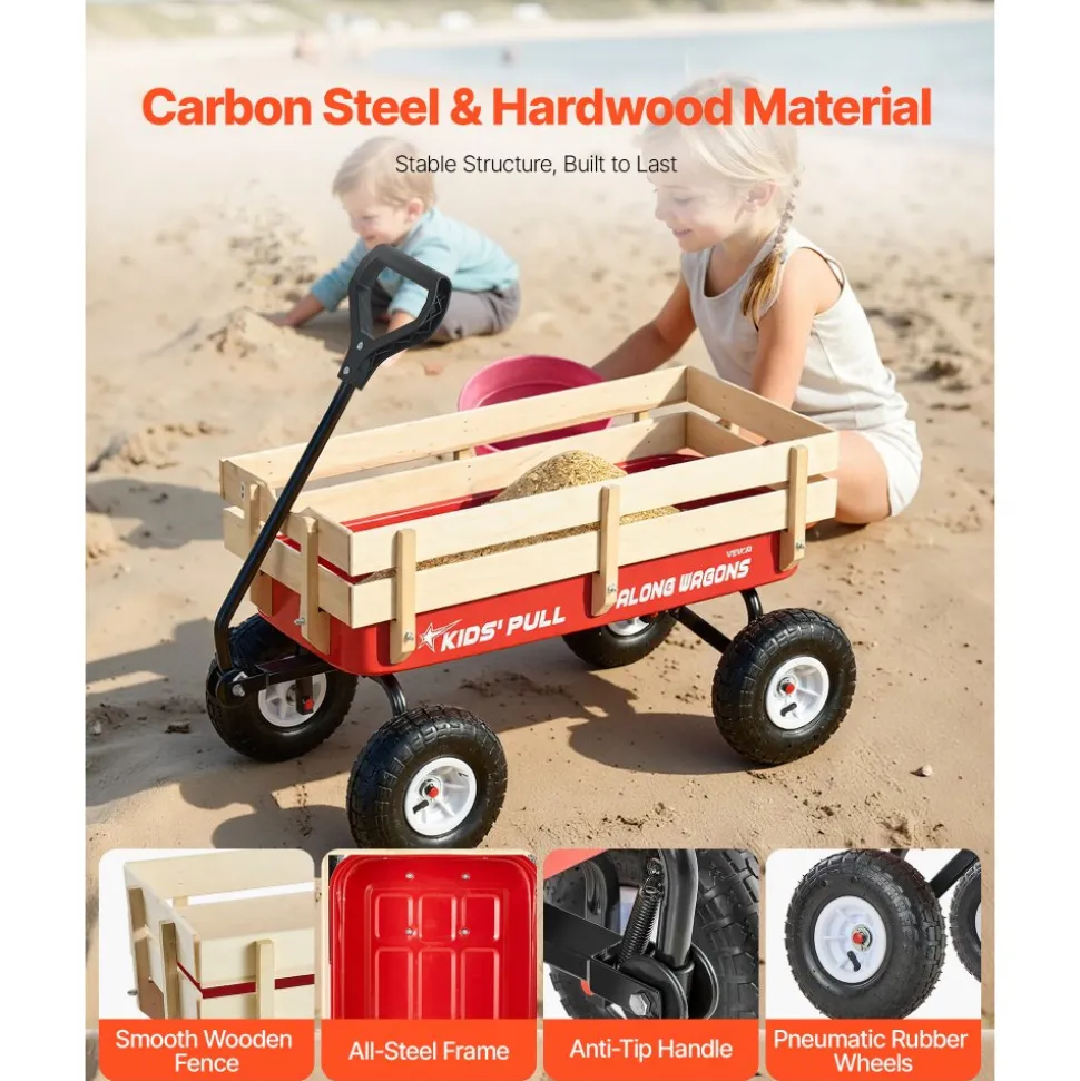 VEVOR Pull-Along Wagon for Kids, 39 inch Toddler Wagons with Wooden Panels & Handle, Supports up to 330 lbs, All-Terrain Utility Wagon Cart Birthday Present for Kids Gardening Beach, Red