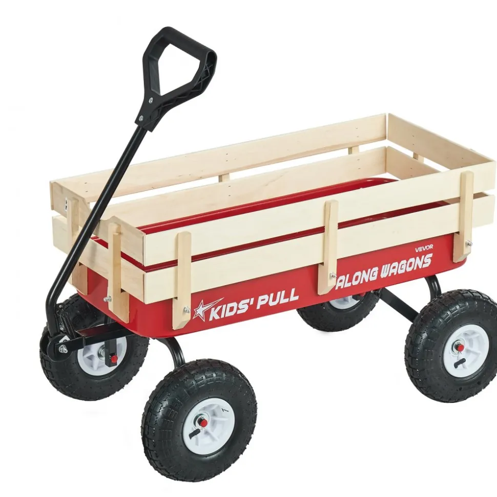 VEVOR Pull-Along Wagon for Kids, 39 inch Toddler Wagons with Wooden Panels & Handle, Supports up to 330 lbs, All-Terrain Utility Wagon Cart Birthday Present for Kids Gardening Beach, Red