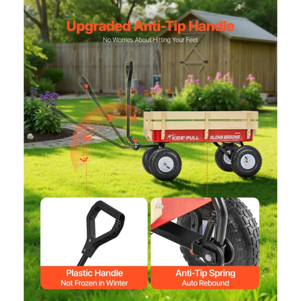 VEVOR Pull-Along Wagon for Kids, 39 inch Toddler Wagons with Wooden Panels & Handle, Supports up to 330 lbs, All-Terrain Utility Wagon Cart Birthday Present for Kids Gardening Beach, Red