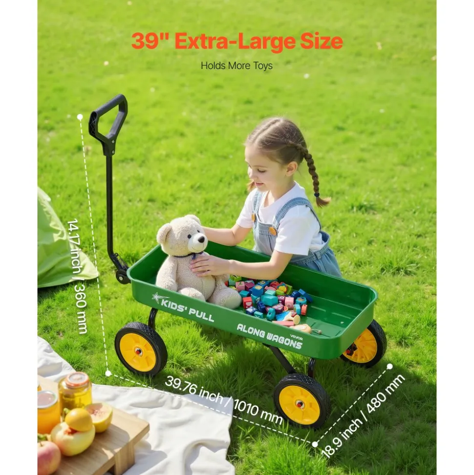 VEVOR Pull-Along Wagon for Kids, 39 inch Toddler Wagons, Supports up to 176 lbs, All-Terrain Wagons with Handle, Utility Wagon Cart Birthday Present for Kids Gardening Beach Camping, Green