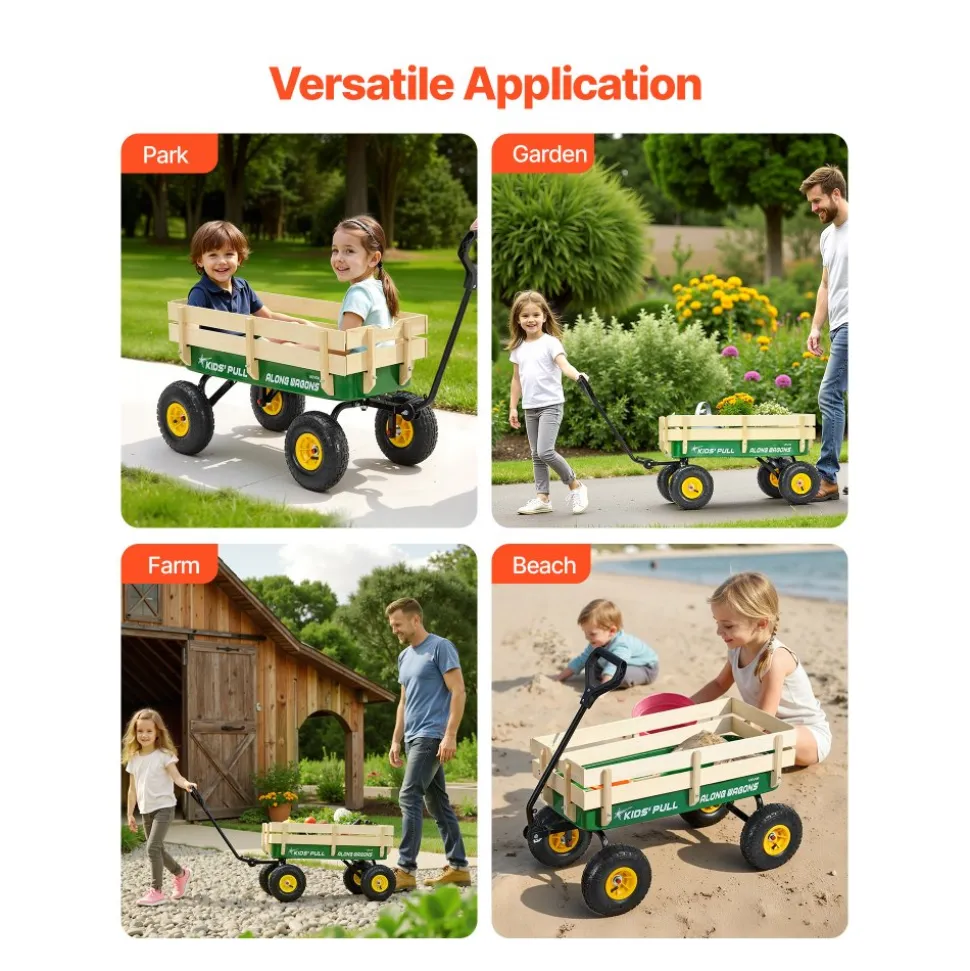 VEVOR Pull-Along Wagon for Kids, 39 inch Toddler Wagons with Wooden Panels & Handle, Supports up to 330 lbs, All-Terrain Utility Wagon Cart Birthday Present for Kids Gardening Beach, Green