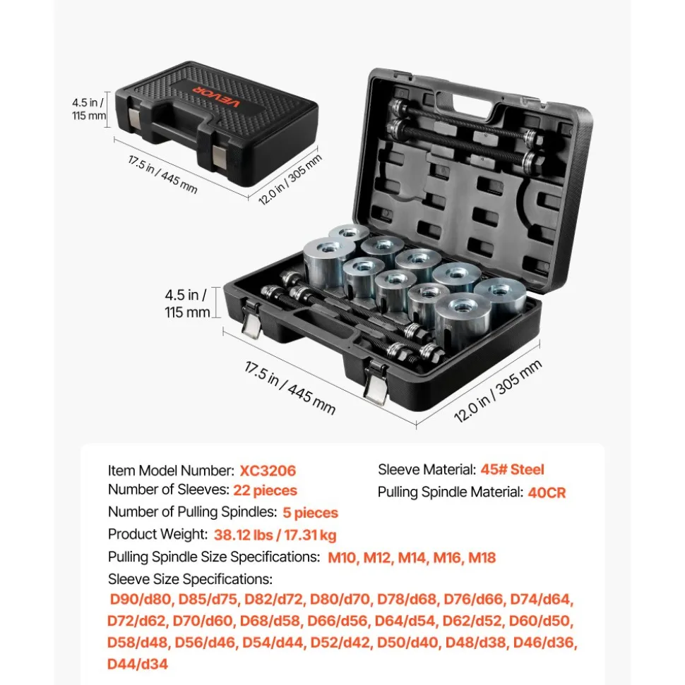 VEVOR Pull and Press Sleeve Kit, 27 PCS, Steel Bush Removal Insertion Sleeve Tools with Carrying Case, Compatible with LCV and HGV Engines, for Removing and Installing Bushings, Bearings, and Seals