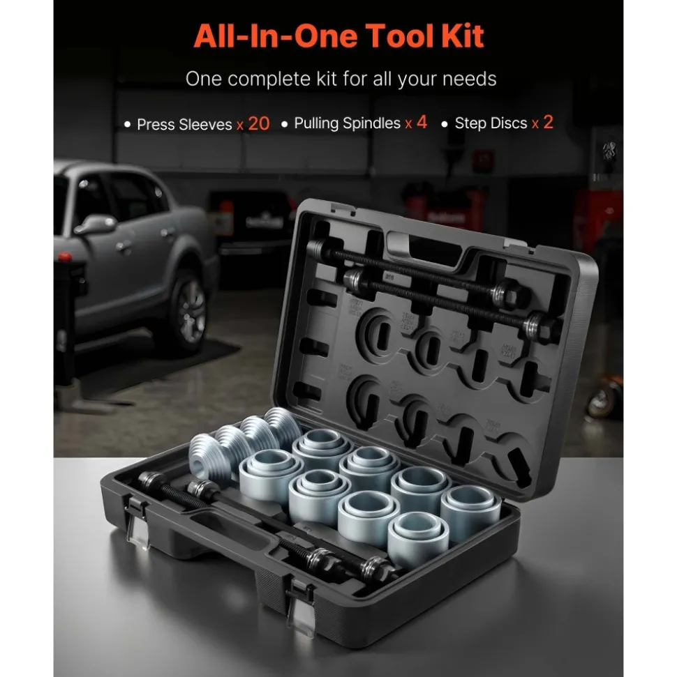 VEVOR Pull and Press Sleeve Kit, 28 PCS, Steel Bush Removal Insertion Sleeve Tools with Carrying Case, Compatible with LCV and HGV Engines, for Removing and Installing Bushings, Bearings, and Seals