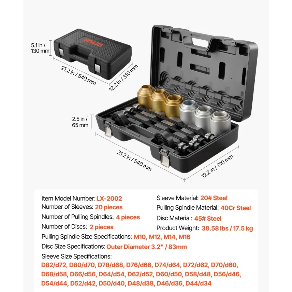 VEVOR Pull and Press Sleeve Kit, 26 PCS, Steel Bush Removal Insertion Sleeve Tools with Carrying Case, Compatible with LCV and HGV Engines, for Removing and Installing Bushings, Bearings, and Seals