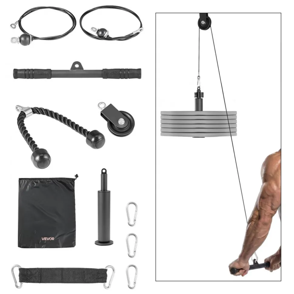VEVOR Pulley System, 1 PC LAT and Lift Pulley System, Gym Rack Pulleys Attachment with two Steel Cables, Short Bar, Dual Grip Handles, Cable Machine for Bicep, Shoulder, Back, Up to 280 lbs Capacity