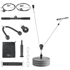 VEVOR Pulley System, 1 PC LAT and Lift Pulley System, Gym Rack Pulleys Attachment with two Steel Cables, Short Bar, Dual Grip Handles, Cable Machine for Bicep, Shoulder, Back, Up to 280 lbs Capacity