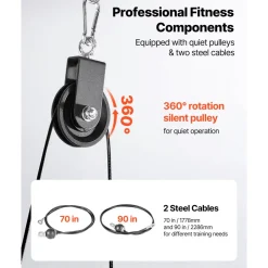 VEVOR Pulley System, 1 PC LAT and Lift Pulley System, Gym Rack Pulleys Attachment with two Steel Cables, Short Bar, Dual Grip Handles, Cable Machine for Bicep, Shoulder, Back, Up to 280 lbs Capacity
