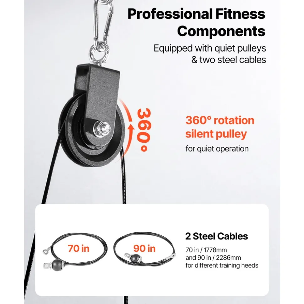 VEVOR Pulley System, 1 PC LAT and Lift Pulley System, Gym Rack Pulleys Attachment with two Steel Cables, Short Bar, Dual Grip Handles, Cable Machine for Bicep, Shoulder, Back, Up to 280 lbs Capacity