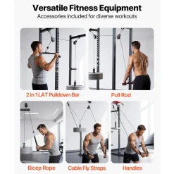VEVOR Pulley System, 2 PCS LAT and Lift Pulley System, Gym Rack Pulleys Attachment with two Steel Cables, Short Bar, Dual Grip Handles, Cable Machine for Bicep, Shoulder, Back, Up to 330 lbs Capacity