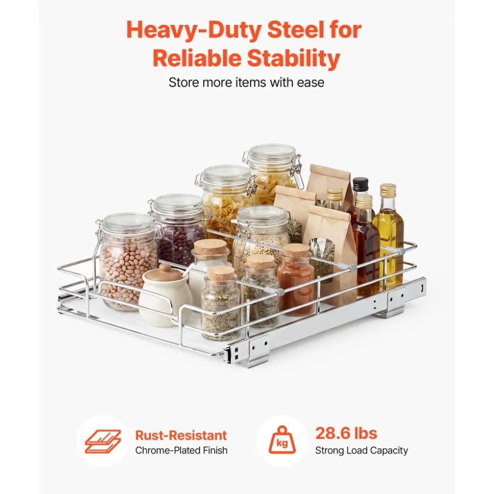 VEVOR Pull Out Cabinet Organizer 12.4"W x 16.54"D Steel Slide Out Drawers, for Kitchen Bathroom Pantry Home Organization, Chrome-Plated Finish, Heavy Duty Storage Sliding Shelves for Base Cabinets