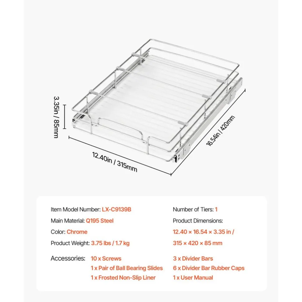 VEVOR Pull Out Cabinet Organizer 12.4"W x 16.54"D Steel Slide Out Drawers, for Kitchen Bathroom Pantry Home Organization, Chrome-Plated Finish, Heavy Duty Storage Sliding Shelves for Base Cabinets