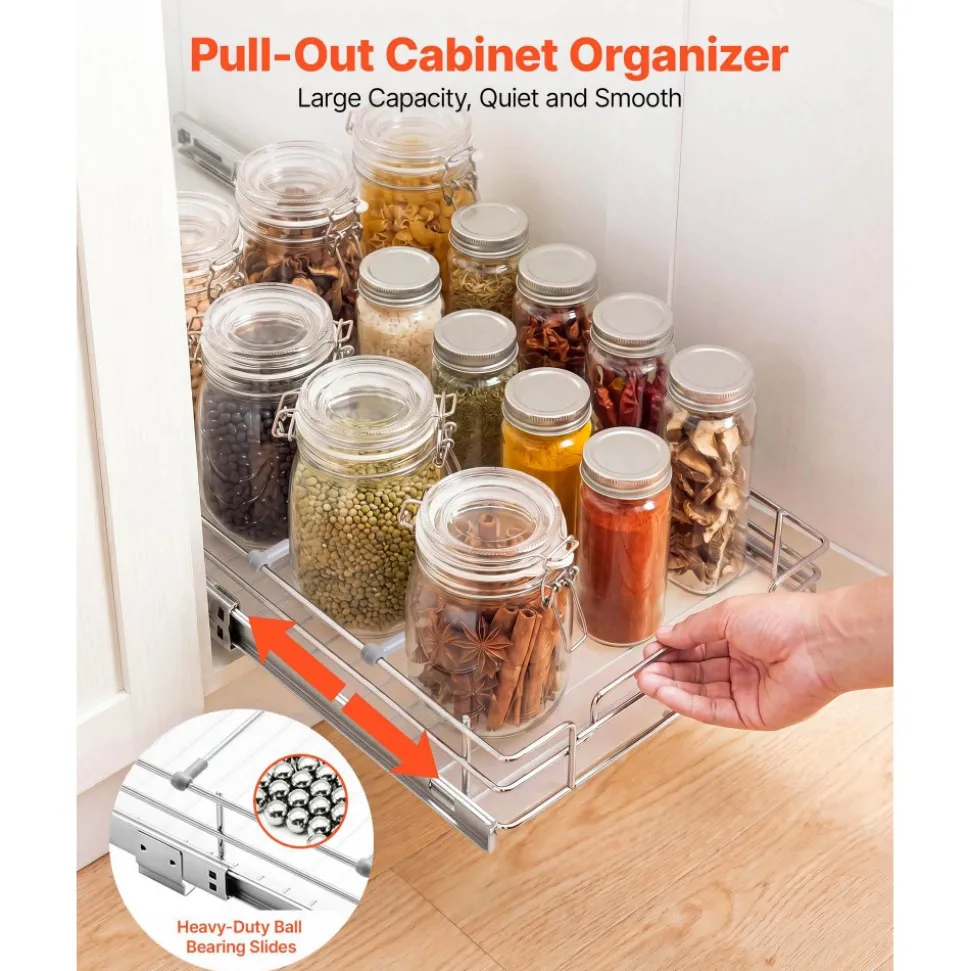 VEVOR Pull Out Cabinet Organizer 12.4"W x 16.54"D Steel Slide Out Drawers, for Kitchen Bathroom Pantry Home Organization, Chrome-Plated Finish, Heavy Duty Storage Sliding Shelves for Base Cabinets