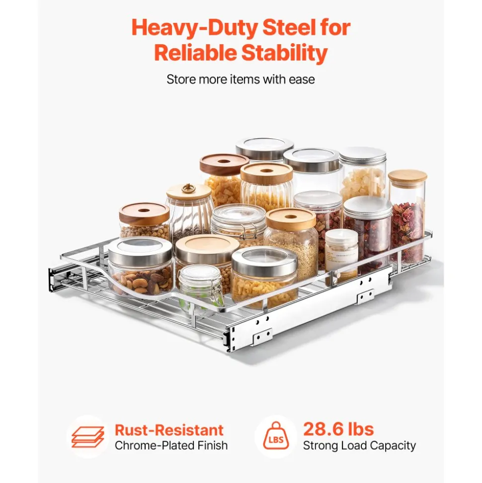 VEVOR Pull Out Cabinet Organizer 16.93"W x 21.06"D Steel Slide Out Drawers, for Kitchen Bathroom Pantry Home Organization, Chrome-Plated Finish, Heavy Duty Storage Sliding Shelves for Base Cabinets