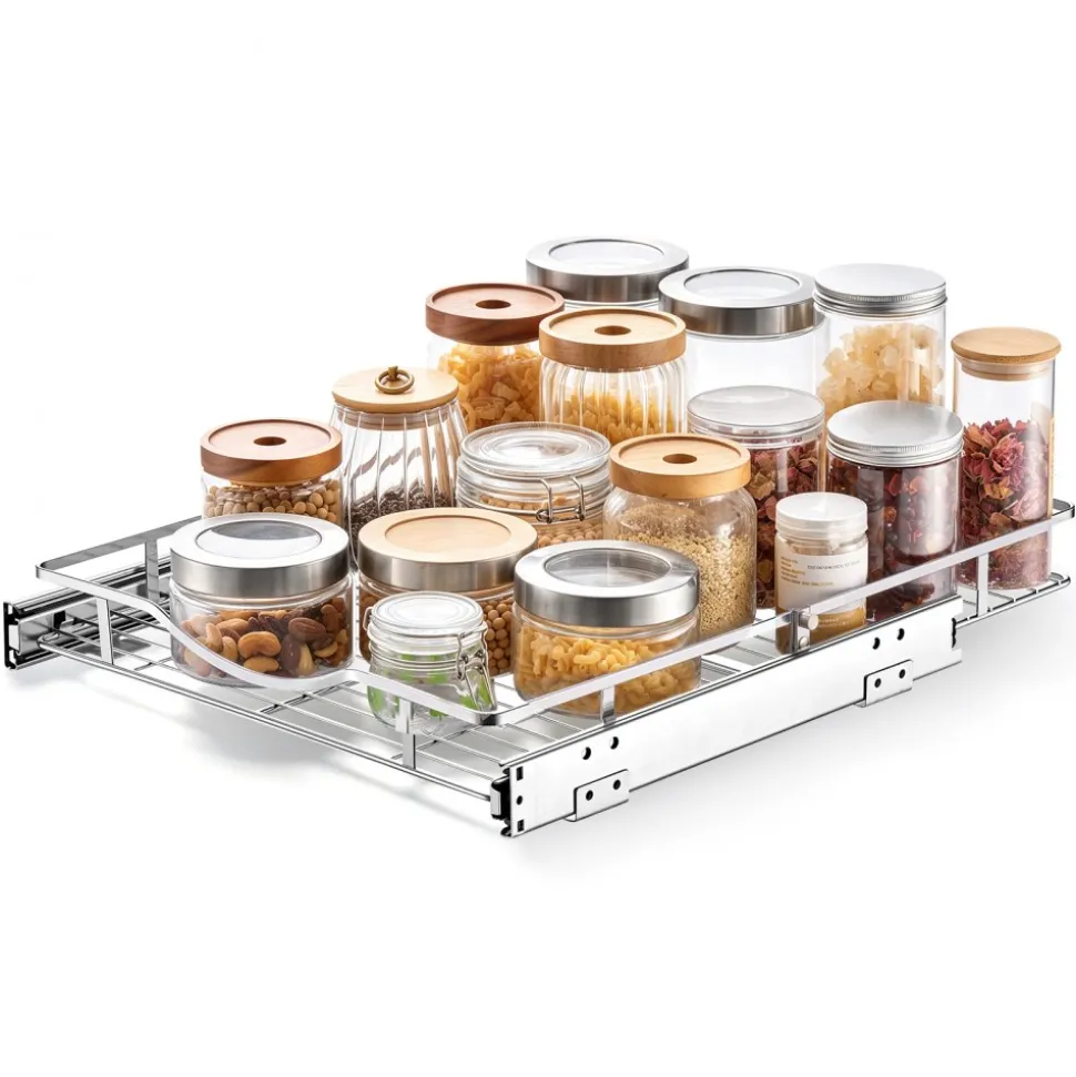 VEVOR Pull Out Cabinet Organizer 16.93"W x 21.06"D Steel Slide Out Drawers, for Kitchen Bathroom Pantry Home Organization, Chrome-Plated Finish, Heavy Duty Storage Sliding Shelves for Base Cabinets