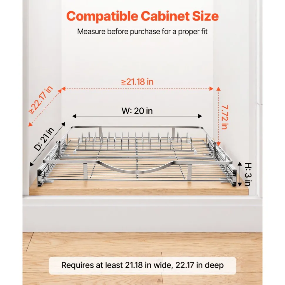 VEVOR Pull Out Cabinet Organizer 14.06"W x 20.94"D Steel Slide Out Drawers, for Kitchen Bathroom Pantry Home Organization, Chrome-Plated Finish, Heavy Duty Storage Sliding Shelves for Base Cabinets