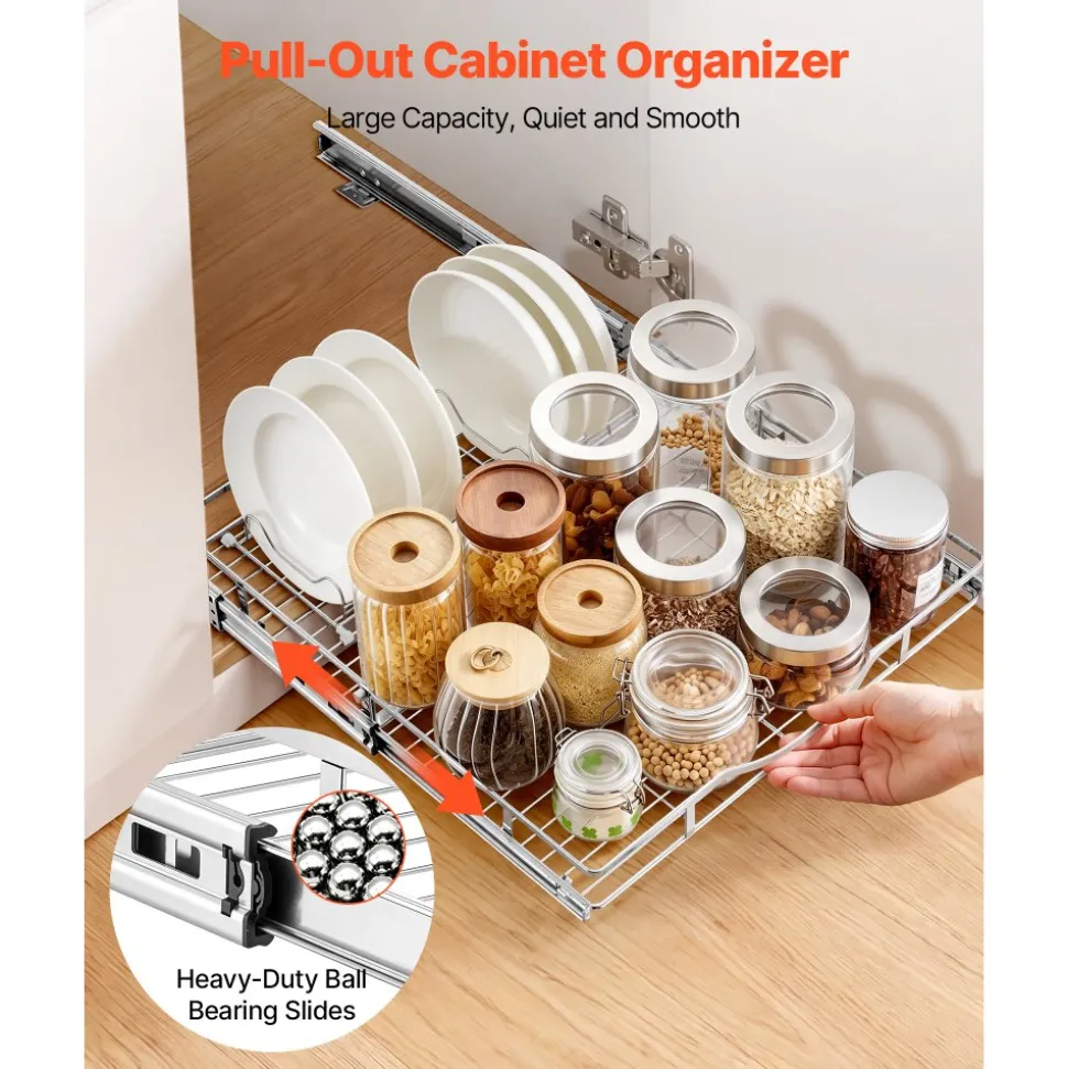VEVOR Pull Out Cabinet Organizer 14.06"W x 20.94"D Steel Slide Out Drawers, for Kitchen Bathroom Pantry Home Organization, Chrome-Plated Finish, Heavy Duty Storage Sliding Shelves for Base Cabinets