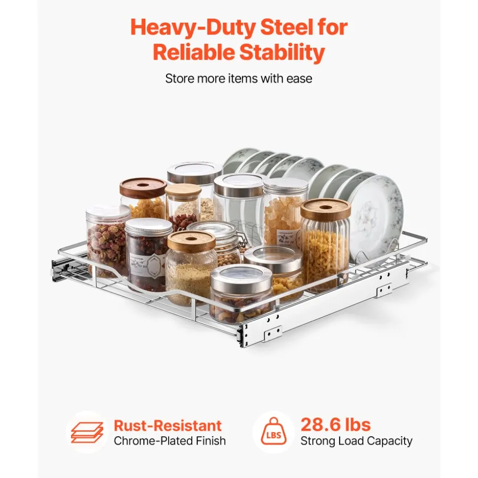 VEVOR Pull Out Cabinet Organizer 14.06"W x 20.94"D Steel Slide Out Drawers, for Kitchen Bathroom Pantry Home Organization, Chrome-Plated Finish, Heavy Duty Storage Sliding Shelves for Base Cabinets
