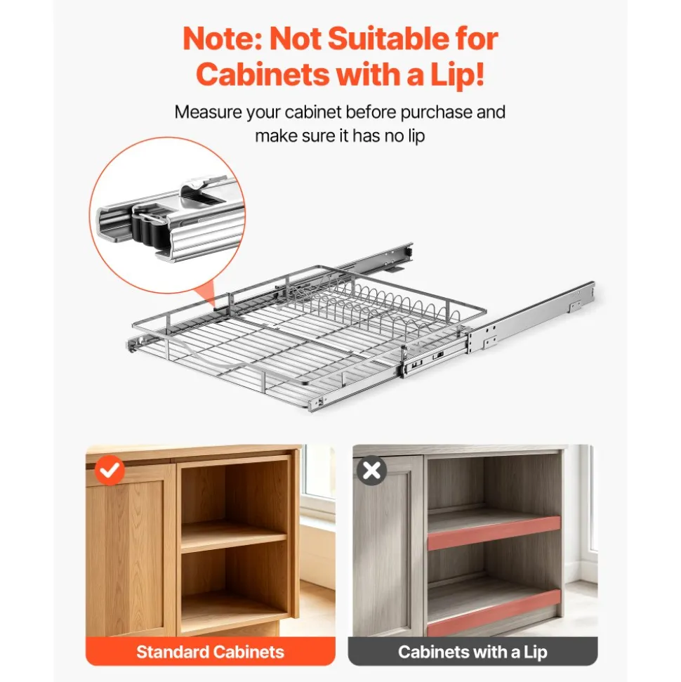 VEVOR Pull Out Cabinet Organizer 14.06"W x 20.94"D Steel Slide Out Drawers, for Kitchen Bathroom Pantry Home Organization, Chrome-Plated Finish, Heavy Duty Storage Sliding Shelves for Base Cabinets