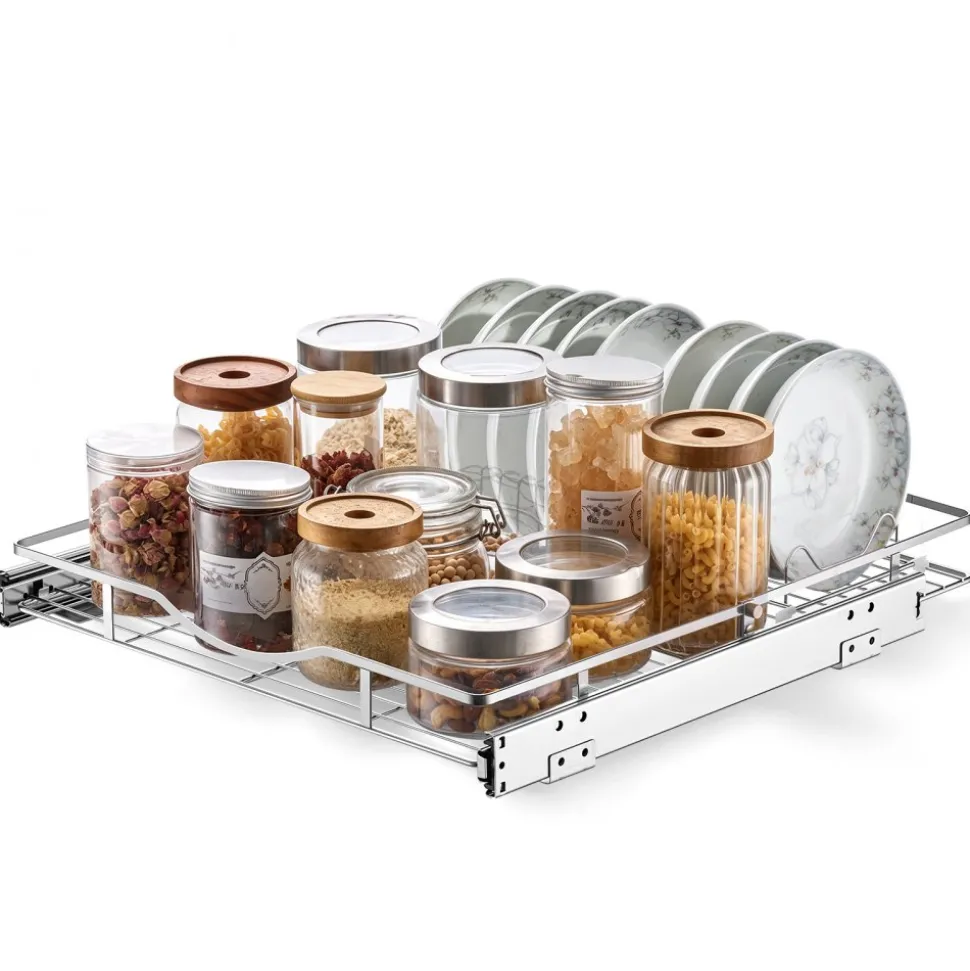VEVOR Pull Out Cabinet Organizer 14.06"W x 20.94"D Steel Slide Out Drawers, for Kitchen Bathroom Pantry Home Organization, Chrome-Plated Finish, Heavy Duty Storage Sliding Shelves for Base Cabinets