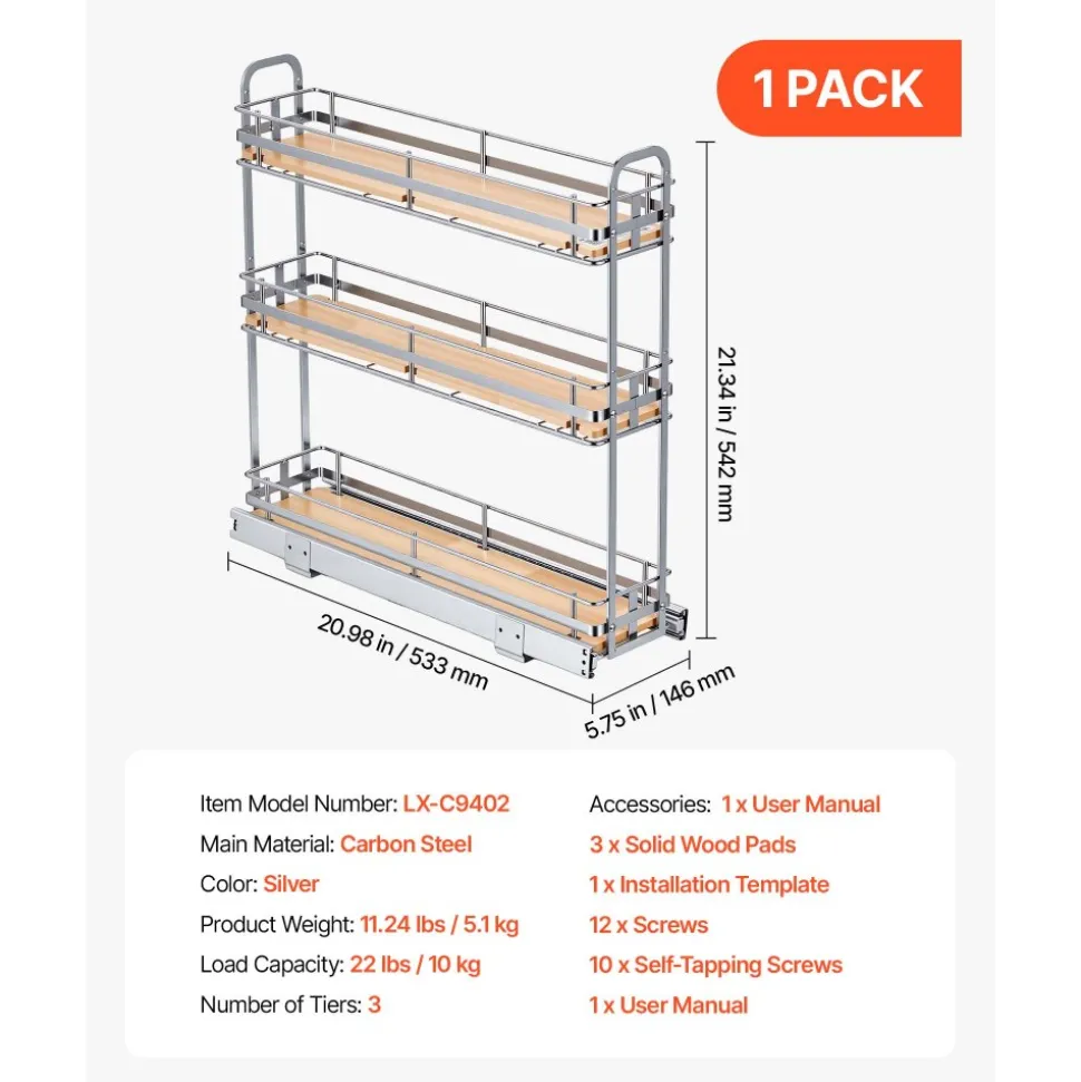 VEVOR Pull Out Spice Rack Organizer for Cabinet, 3 Tier Slide Out Spice Rack Organizer, Height Adjustable Heavy Duty Metal Seasoning Kitchen Basket for Cabinets, 5.75"W x 20.98"D x 21.34"H, Silver