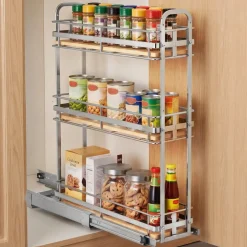 VEVOR Pull Out Spice Rack Organizer for Cabinet, 3 Tier Slide Out Spice Rack Organizer, Height Adjustable Heavy Duty Metal Seasoning Kitchen Basket for Cabinets, 5.75"W x 20.98"D x 21.34"H, Silver