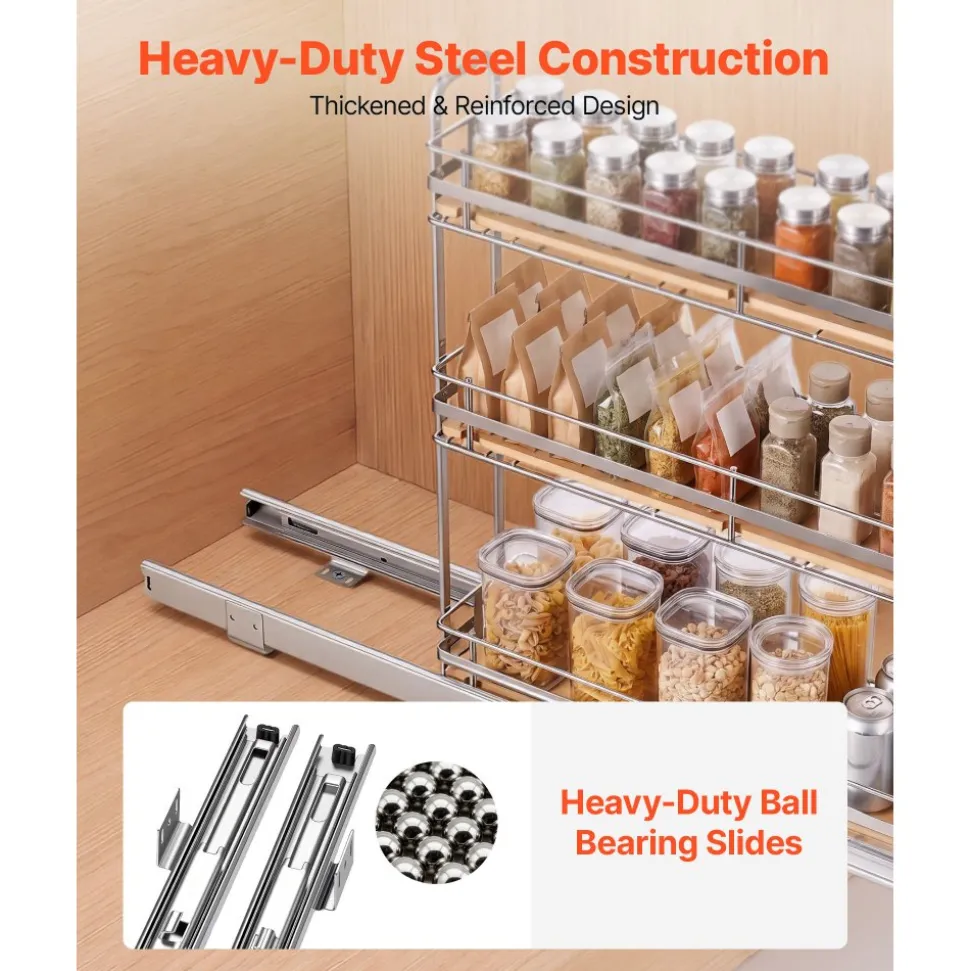 VEVOR Pull Out Spice Rack Organizer for Cabinet, 3 Tier Slide Out Spice Rack Organizer, Height Adjustable Heavy Duty Metal Seasoning Kitchen Basket for Cabinets, 5.75"W x 20.98"D x 21.34"H, Silver