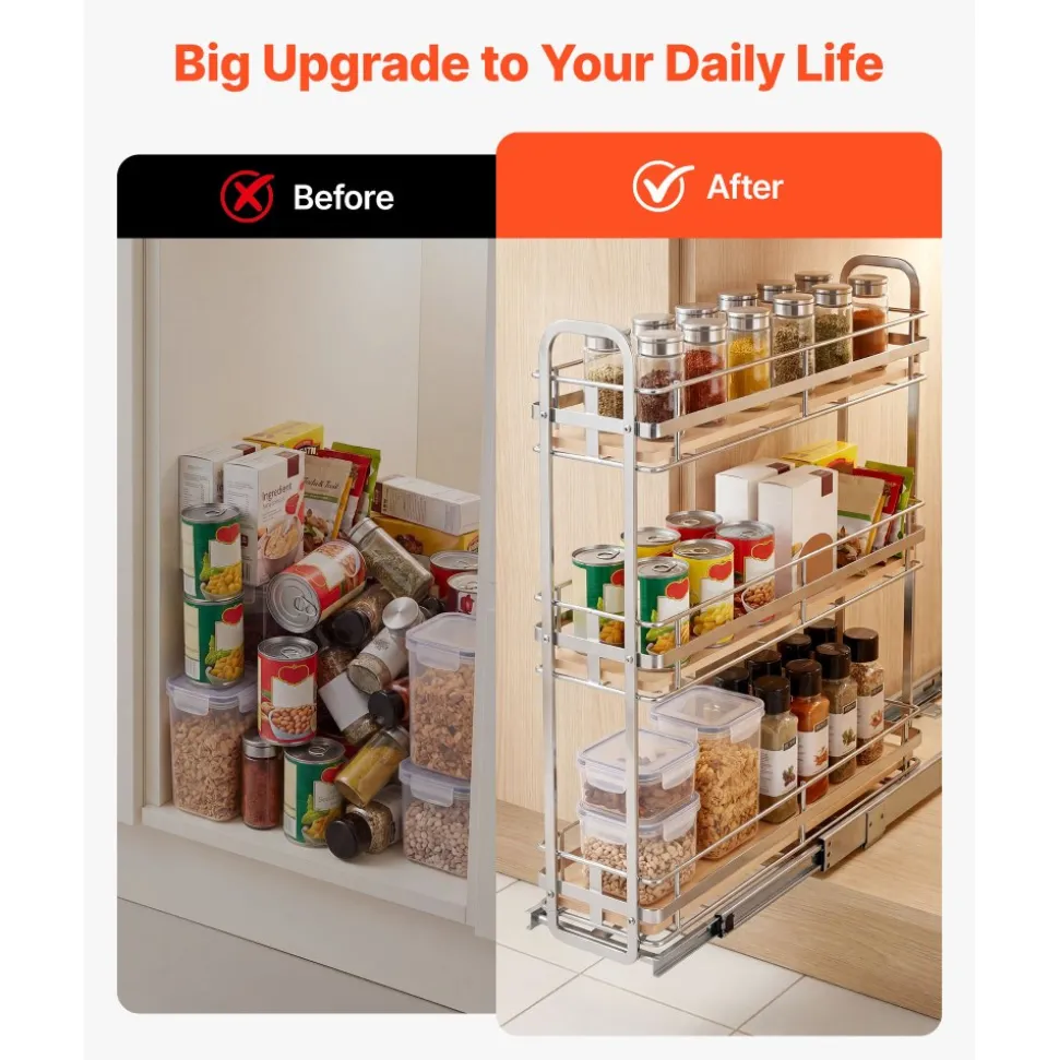 VEVOR Pull Out Spice Rack Organizer for Cabinet, 3 Tier Slide Out Spice Rack Organizer, Height Adjustable Heavy Duty Metal Seasoning Kitchen Basket for Cabinets, 5.75"W x 20.98"D x 21.34"H, Silver