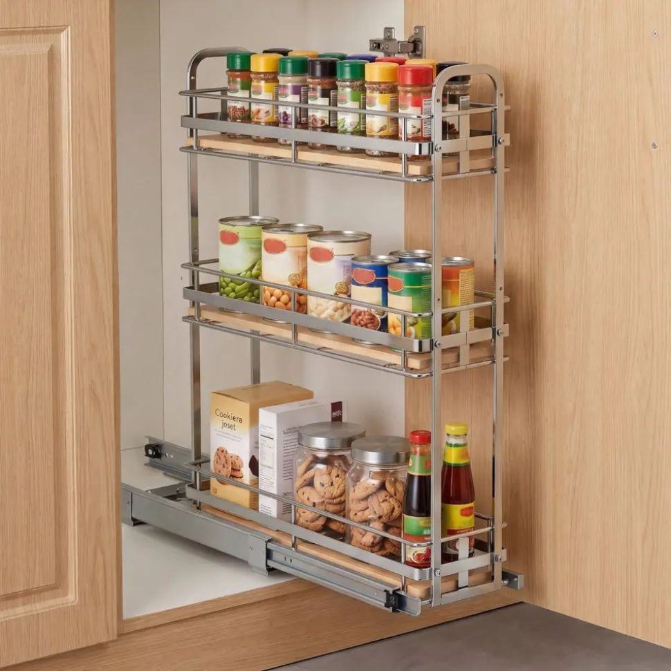 VEVOR Pull Out Spice Rack Organizer for Cabinet, 3 Tier Slide Out Spice Rack Organizer, Height Adjustable Heavy Duty Metal Seasoning Kitchen Basket for Cabinets, 5.75"W x 20.98"D x 21.34"H, Silver