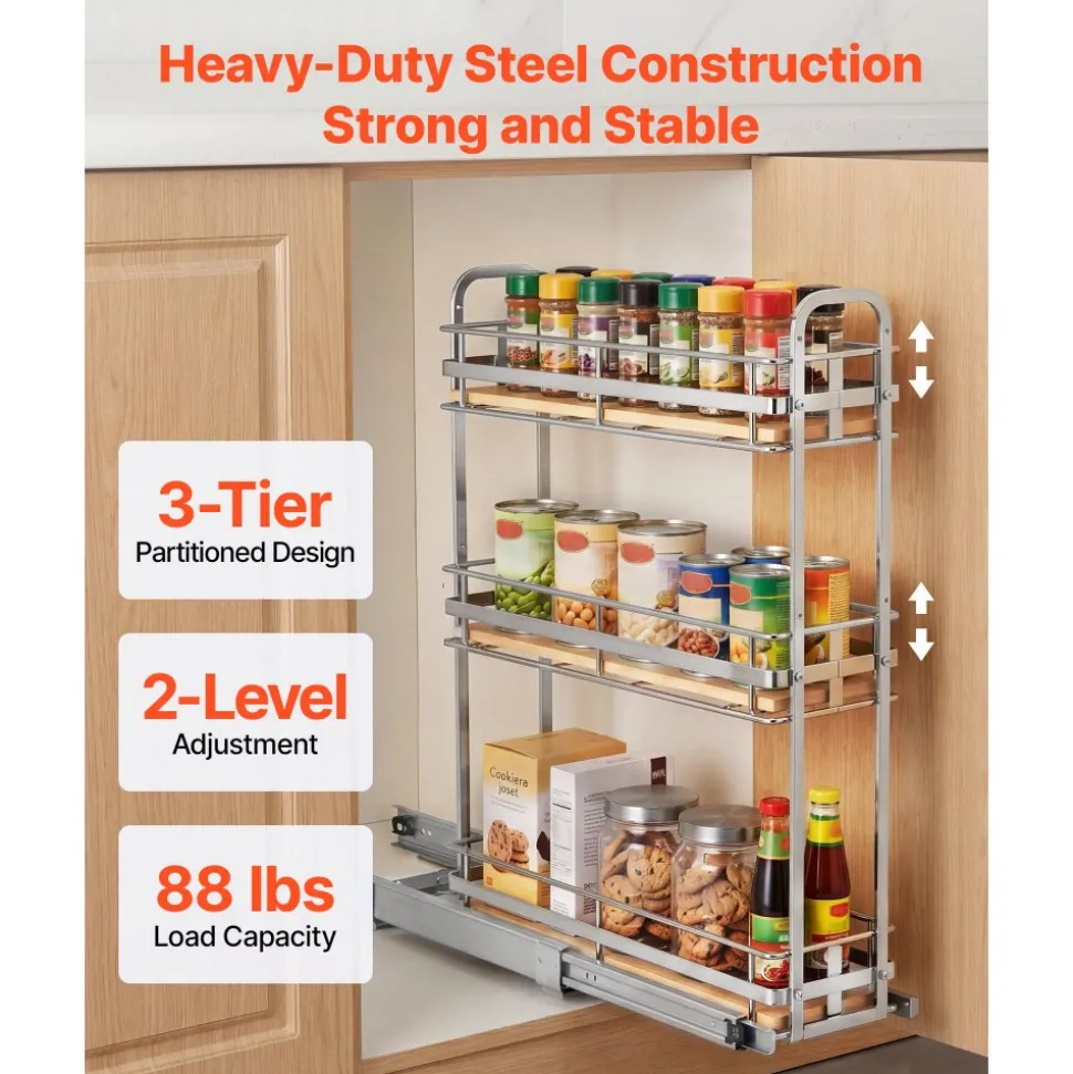 VEVOR Pull Out Spice Rack Organizer for Cabinet, 3 Tier Slide Out Spice Rack Organizer, Height Adjustable Heavy Duty Metal Seasoning Kitchen Basket for Cabinets, 5.75"W x 20.98"D x 21.34"H, Silver