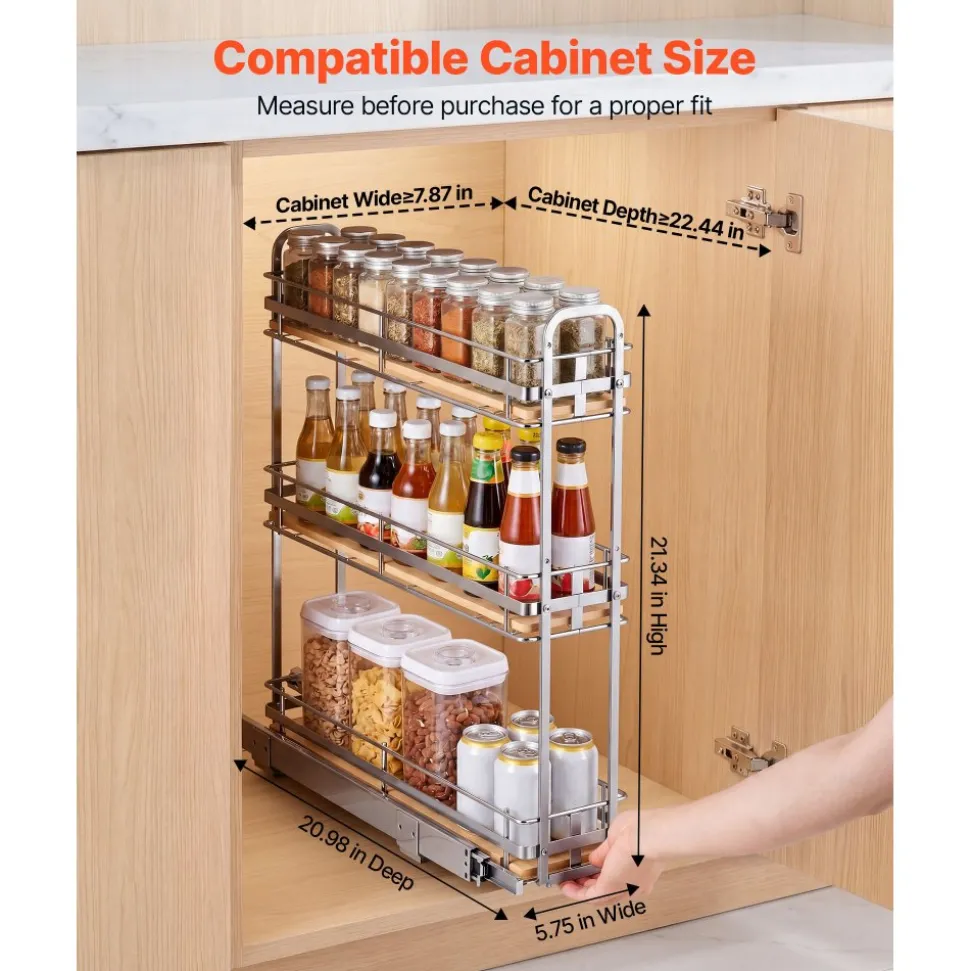 VEVOR Pull Out Spice Rack Organizer for Cabinet, 3 Tier Slide Out Spice Rack Organizer, Height Adjustable Heavy Duty Metal Seasoning Kitchen Basket for Cabinets, 5.75"W x 20.98"D x 21.34"H, Silver