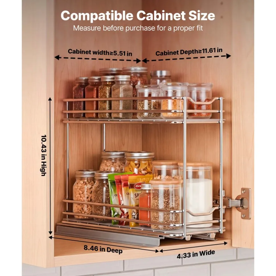 VEVOR Pull Out Spice Rack Organizer for Cabinet, 2 Tier Slide Out Spice Rack Organizer, Heavy Duty Metal Seasoning Kitchen Basket for Inside Cabinets & Pantry Closet, 4.33"W x 8.46"D x 10.43"H, Silver