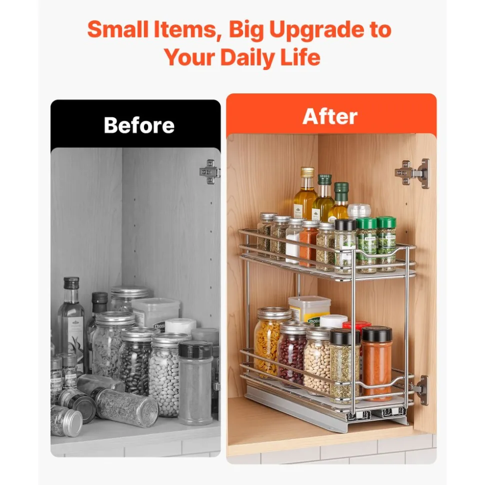 VEVOR Pull Out Spice Rack Organizer for Cabinet, 2 Tier Slide Out Spice Rack Organizer, Heavy Duty Metal Seasoning Kitchen Basket for Inside Cabinets & Pantry Closet, 4.33"W x 8.46"D x 10.43"H, Silver