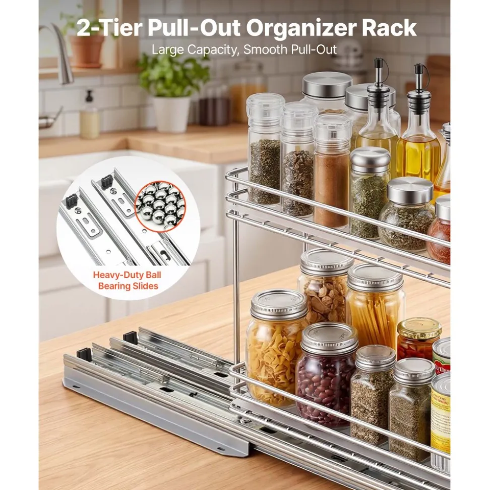 VEVOR Pull Out Spice Rack Organizer for Cabinet, 2 Tier Slide Out Spice Rack Organizer, Heavy Duty Metal Seasoning Kitchen Basket for Inside Cabinets & Pantry Closet, 4.33"W x 8.46"D x 10.43"H, Silver