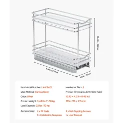 VEVOR Pull Out Spice Rack Organizer for Cabinet, 2 Tier Slide Out Spice Rack Organizer, Heavy Duty Metal Seasoning Kitchen Basket for Inside Cabinets & Pantry Closet, 4.33