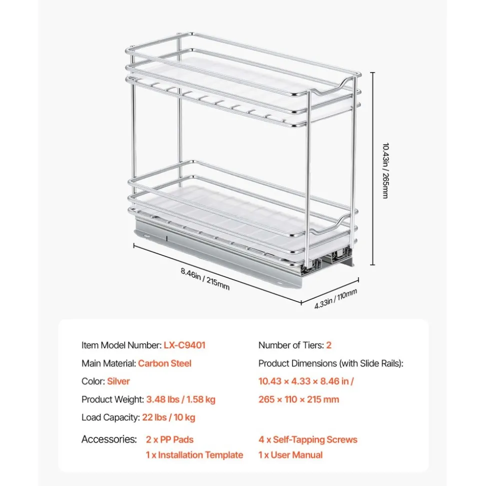 VEVOR Pull Out Spice Rack Organizer for Cabinet, 2 Tier Slide Out Spice Rack Organizer, Heavy Duty Metal Seasoning Kitchen Basket for Inside Cabinets & Pantry Closet, 4.33"W x 8.46"D x 10.43"H, Silver