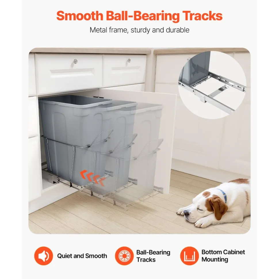 VEVOR Pullout Trash Can for Kitchen Cabinets, 35 QT Garbage Waste Recycling Bin, Under Mount Waste Container, with Heavy Duty Metal Full Extension Sliding System and Handle, for Sink, Under Counter