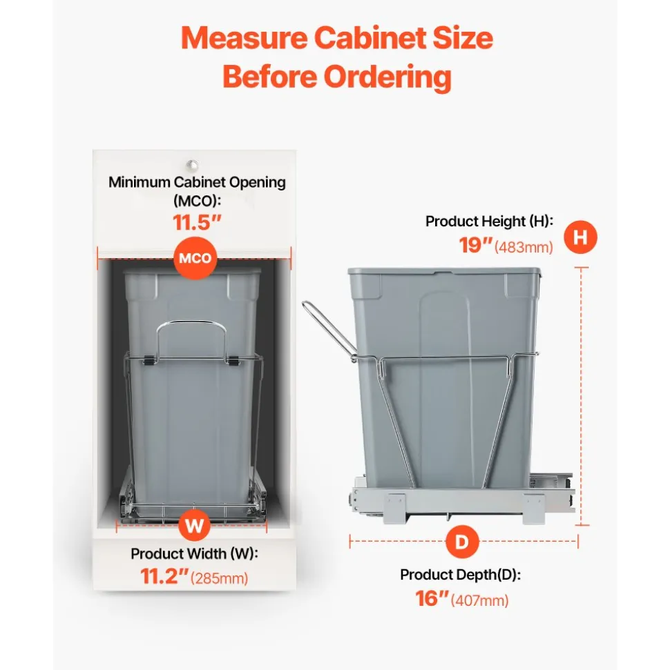 VEVOR Pullout Trash Can for Kitchen Cabinets, 35 QT Garbage Waste Recycling Bin, Under Mount Waste Container, with Heavy Duty Metal Full Extension Sliding System and Handle, for Sink, Under Counter