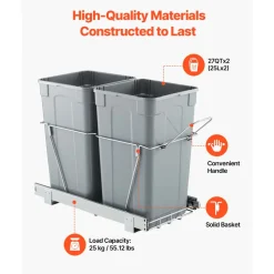VEVOR Pullout Trash Can for Kitchen Cabinets, 27QTx2 Double Under Sink Garbage Waste Recycling Bin, Under Mount Waste Container, with Heavy Duty Metal Full Extension Sliding System and Handle