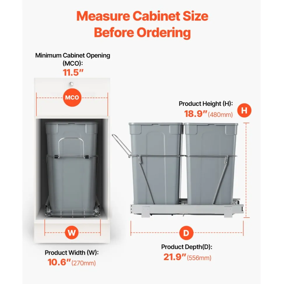 VEVOR Pullout Trash Can for Kitchen Cabinets, 27QTx2 Double Under Sink Garbage Waste Recycling Bin, Under Mount Waste Container, with Heavy Duty Metal Full Extension Sliding System and Handle