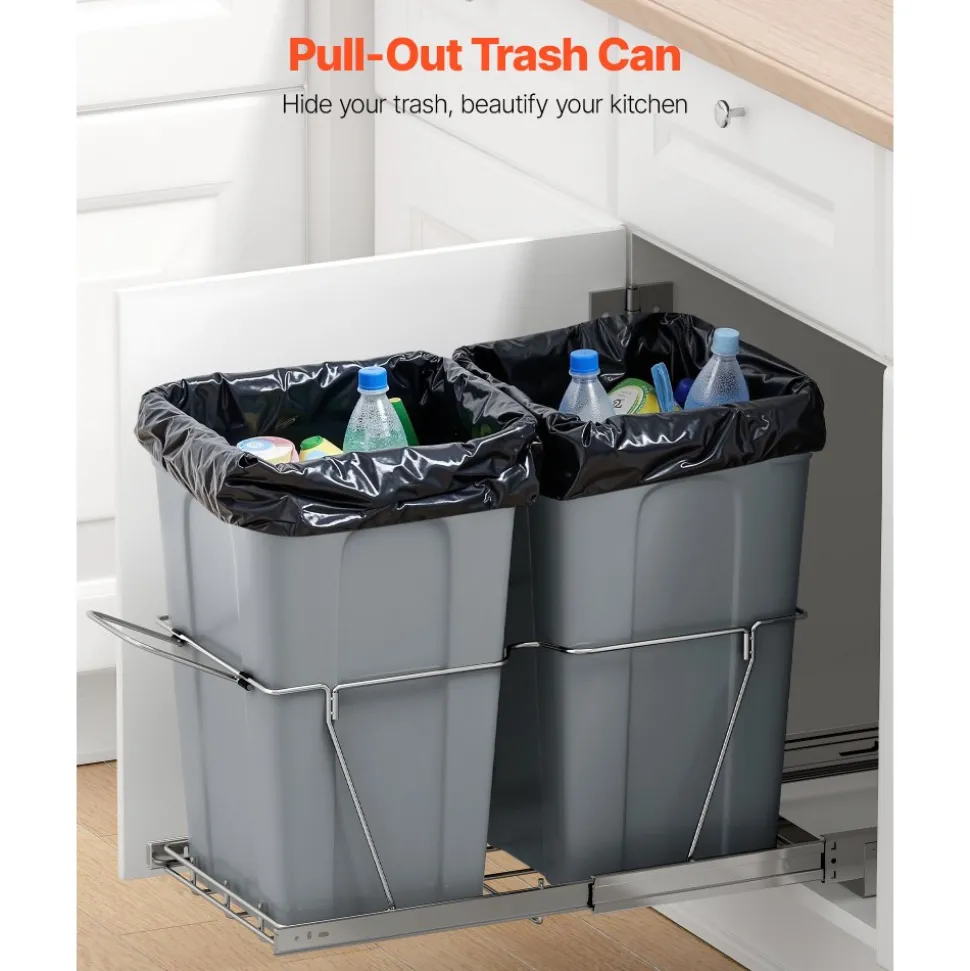 VEVOR Pullout Trash Can for Kitchen Cabinets, 27QTx2 Double Under Sink Garbage Waste Recycling Bin, Under Mount Waste Container, with Heavy Duty Metal Full Extension Sliding System and Handle
